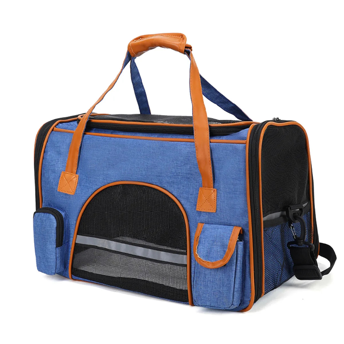 A blue, soft-sided pet carrier with brown trim, mesh windows, and a top handle.