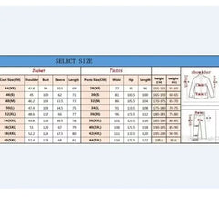 A size chart table for men's suits detailing jacket and pants measurements by size.