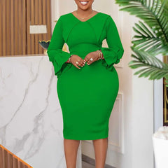 AOMEI Women Elegant Bodycon Dress Pencil Flare Sleeve V Neck Knee Length Business Office Vintage Cocktail Celebrity Sheath Gowns
