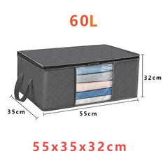 A grey foldable storage box with a clear window and handles, measuring 55 by 35 by 32 centimeters.