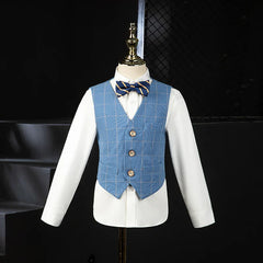 A boys formal vest set featuring a blue plaid vest, white long-sleeve shirt, and a striped bowtie.