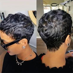 6-inch short straight pixie wig with pre-styled bangs, 100% human hair, tangle-free, natural hairline, for women by Showlu Fashion.