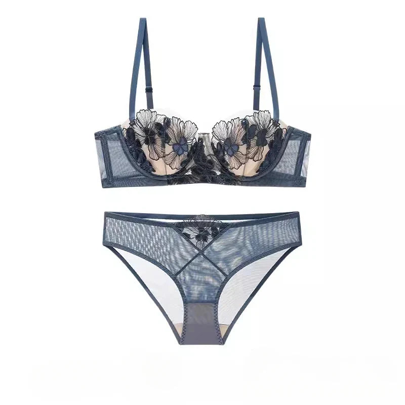 Rabbit Ears Big Chest Small Thin Bra French Underwear Soft Underwire Sexy European and American Embroidery Bra Set for Women SHOWLU FASHION STORE