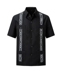 White Men's Guayabera Shirts Fashion Embroidered Short Sleeve Shirts for Men Mexican Cuban Shirts with Four Pockets