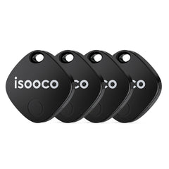 Four black square-shaped smart key finders with rounded corners and a hole for a keychain.