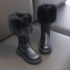 A pair of black mid-calf platform snow boots for girls featuring faux fur trim and zip closures.