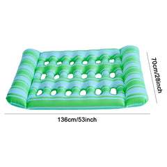 A green and light blue striped inflatable pool lounger with a mesh-style center.