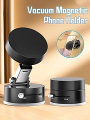 A black vacuum magnetic phone holder with an adjustable arm and a suction base.
