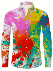 Men's Shirt Regular Flap Shirt Men's 3D Printing Color Splash Printing Casual Long Sleeve Fashion Printed Shirt