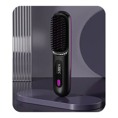 A black ionic hair straightening brush with a digital temperature display showing 200 degrees.