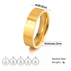 A gold-colored stainless steel ring featuring a small cross engraving with sizing information below.