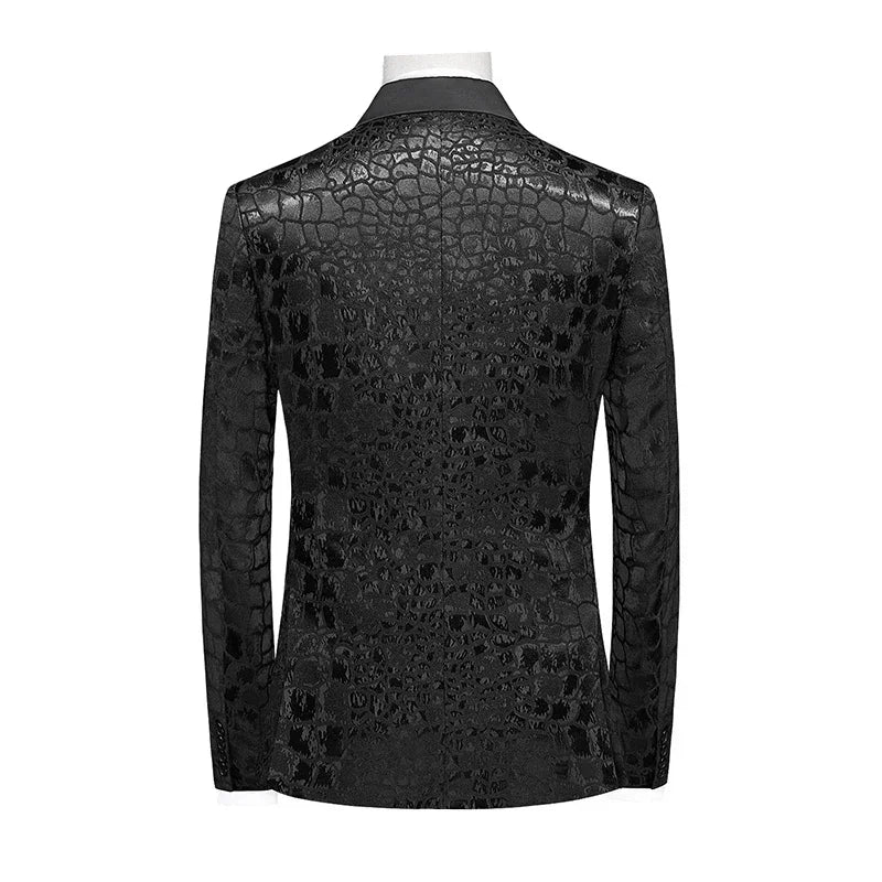 A black double-breasted men's suit jacket featuring a textured crocodile-skin pattern.