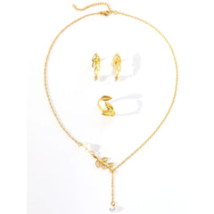 Stainless Steel Jewelry Set Leaf Pearl Earrings Pearl Necklace Size Adjustable Leaf Ring Jewelry Set For Women Jewelry New Style