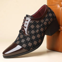A men's British-style dress shoe with a pointed toe, brown patent leather, and a checked pattern.