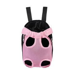A pink and black mesh pet carrier backpack with adjustable straps and leg openings.