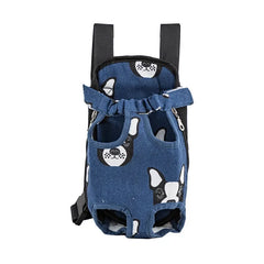 A blue pet carrier backpack featuring a repeating pattern of Boston Terrier faces.
