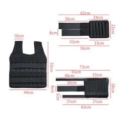 An adjustable weighted fitness vest set with matching ankle weights and detailed measurements.