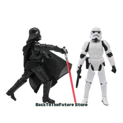 Two Star Wars action figures, Darth Vader and a Stormtrooper, stand against a white background.