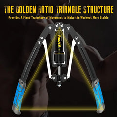An adjustable hydraulic arm exerciser with blue grips and a central resistance dial.