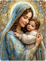 A diamond painting kit featuring a detailed portrait of the Virgin Mary holding baby Jesus.