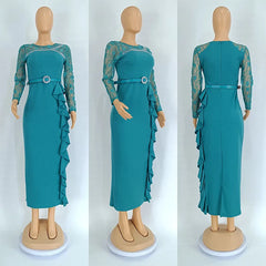 A teal long-sleeved midi dress with lace shoulders, a belted waist, and a ruffled side detail.