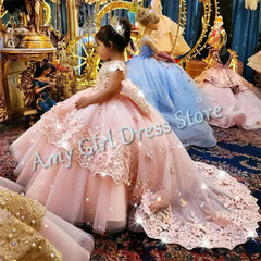 Customized Champagne Flower Girl Dresses For Wedding Appliques With Bow Elegant Princess Birthday Party First Communion Gown