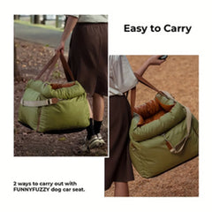 A person carries a green, padded pet carrier bag with brown straps in two different ways.