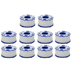 Ten white and blue cylindrical faucet water filter replacement cartridges arranged in three rows.