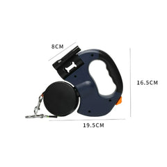 A dark blue retractable double-ended dog leash with an integrated flashlight and waste bag holder.