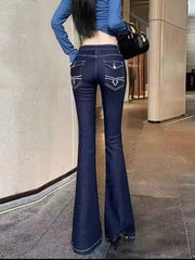 Women Vintage Blue Embroidery Flare Jeans Y2k Streetwear Denim Cargo Pants 2000s Harajuku Bell Bottom High Waist Trousers