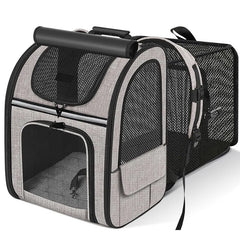 A grey expandable cat carrier backpack with breathable mesh panels and a top shade cover.