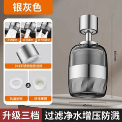 A silver-grey kitchen faucet aerator with three spray modes, a stainless steel filter, and a 360-degree rotating head.