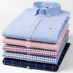 100% Pure Cotton Oxford Men's Shirts Long Sleeve Plaid Soft Regular Fit Formal Dress Shirt Social Blouse Male Clothes 6XL 7XL