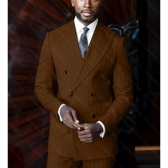 A man wears a brown pinstriped double-breasted suit with a peak lapel and a polka dot tie.