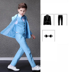A boy wears a sky blue formal suit with a vest, trousers, and a bow tie.