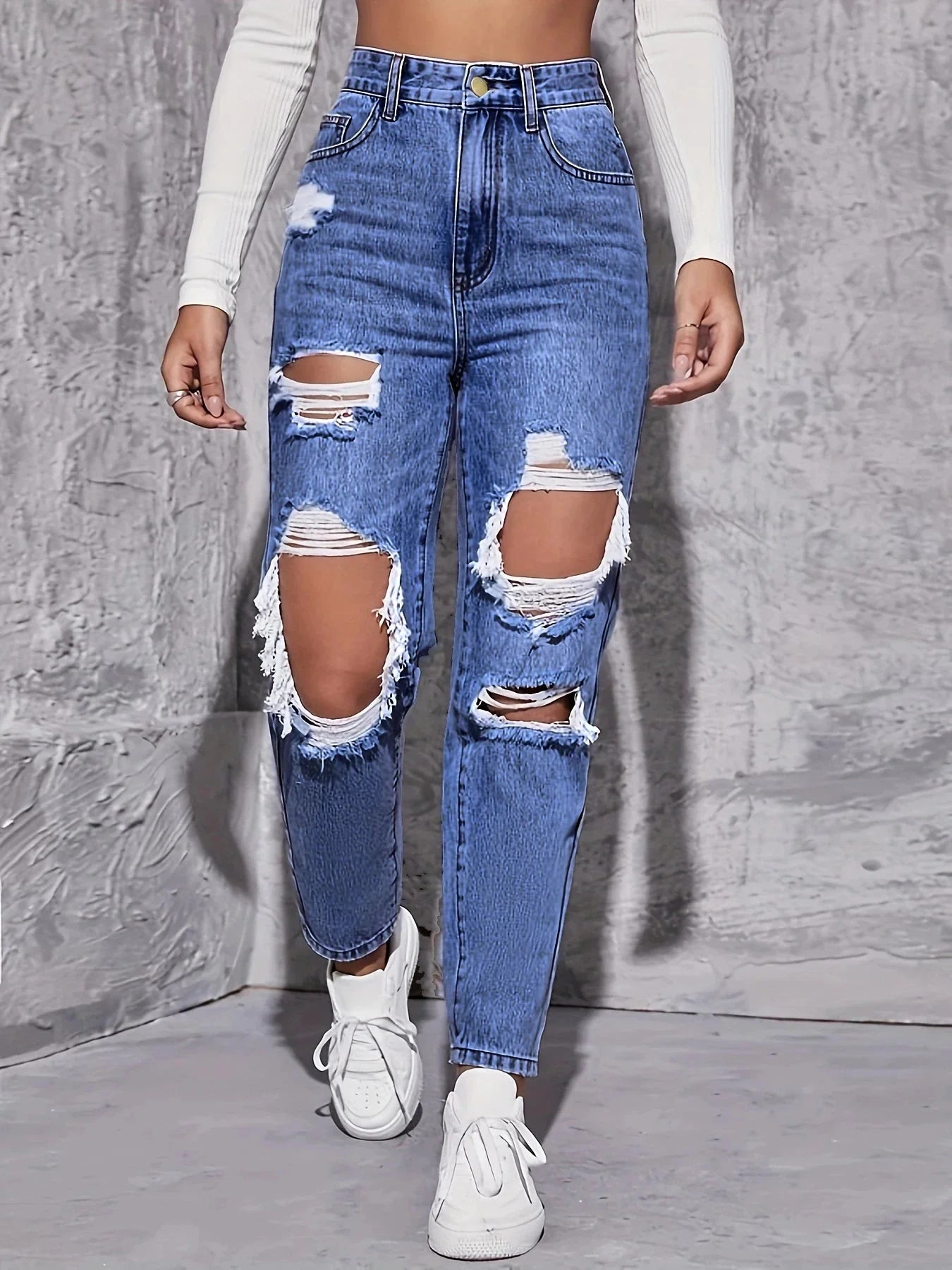 American Retro Hole-punched Jeans Women High Waist Straight-crotch Loose Slim Design High-street Vibe Wide-legged Dragging Pants SHOWLU FASHION STORE