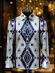 A men's long-sleeved button-down shirt featuring a white base with a blue geometric tribal pattern.