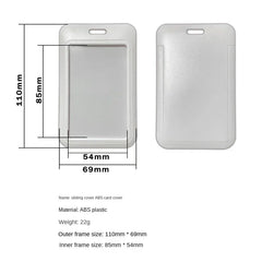 A white sliding ABS plastic ID card holder with dimensions labeled in millimeters.