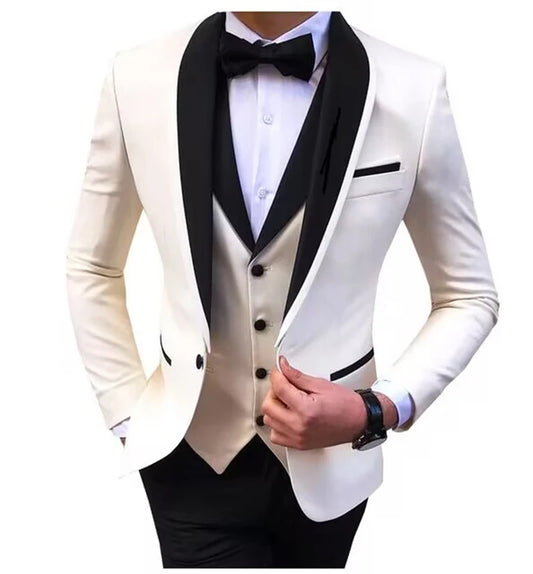 Casual Solid 3 Piece Men Wedding Suits Slim Fit Shawl Lapel Blazer Vest Pants Formal Business Groom Tuxedos Party Costume Homme