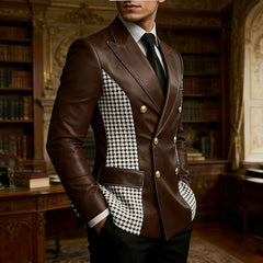 Men’s Brown Leather Blazer With Houndstooth Sides Vintage Two-Tone Double Breasted Slim Fit Gold Buttons Leather Tuxedo Jacket