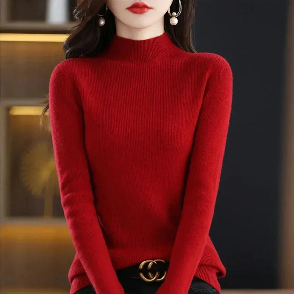 Temperament Pleated Pullover Sweater For Women Long-Sleeve Female S-2XL Siz Half High Collar Underlay Sleeve Sweater Slim Fit SHOWLU FASHION STORE