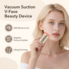 A woman holds a gold handheld facial massager against her cheek to demonstrate skin lifting.