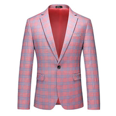 A single-breasted men's blazer in a pink and blue plaid pattern with a notched lapel.