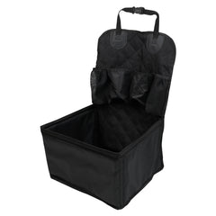 A black, quilted, foldable car pet seat with storage pockets and an adjustable headrest strap.
