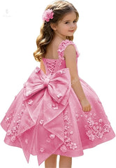 3D Floral with Bow Luxury Flower Girl Dress Wedding Thin Strap Backless Knee-Length Kid Pageant Party Birthday Event Dress