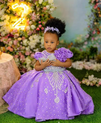 Luxury Lavender Girls Birthday Dress Customized Beading Bow Flower Girl Dresses Queen Ball Gowns for Wedding Party
