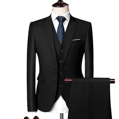 A black three-piece men's suit featuring a single-breasted jacket, vest, and matching trousers.