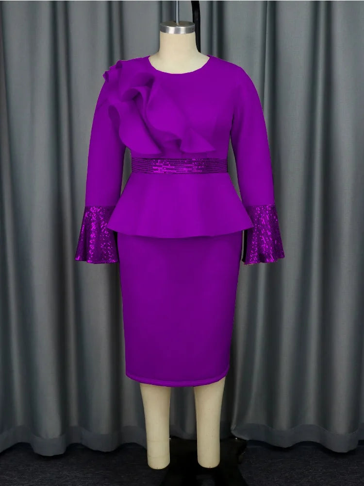 A vibrant purple knee-length sheath dress with a ruffled bodice, sequined waist, and flared cuffs.