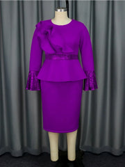 A vibrant purple knee-length sheath dress with a ruffled bodice, sequined waist, and flared cuffs.