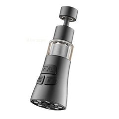 A grey universal kitchen faucet extender with a built-in filter and adjustable spray buttons.